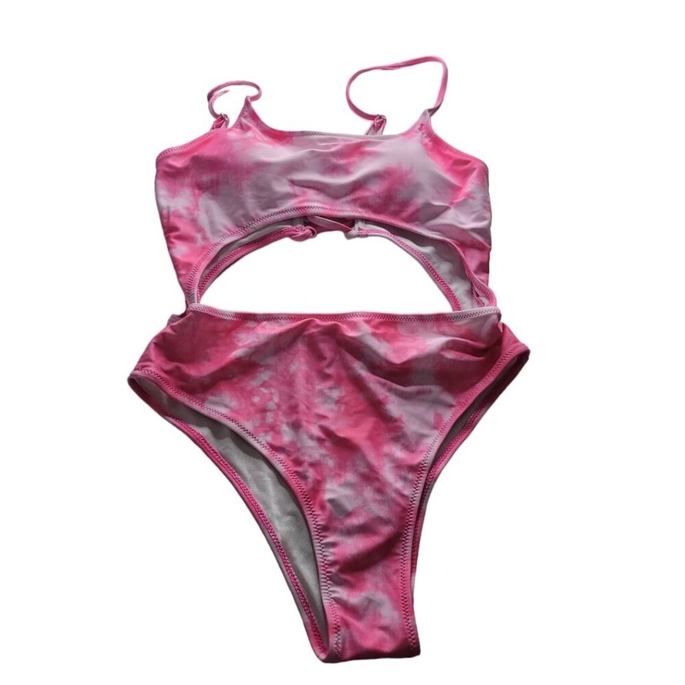 Corset Back String Swimsuit One Piece Hot Pink‎ Open Front Womens Medium